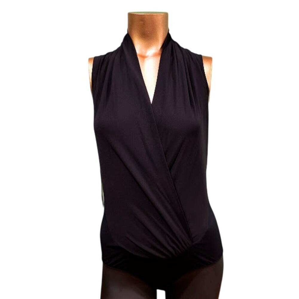Bebe Black Sleeveless Silk Bodysuit with Crossover‎ V-Neck, Size M,  NWT